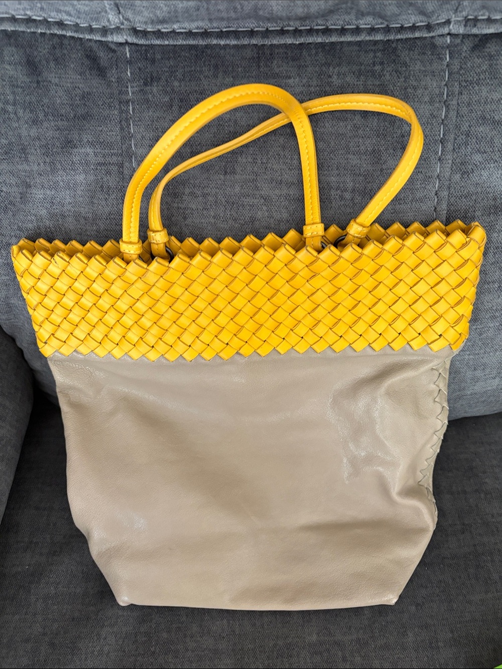 Bottega Veneta Yellow and Taupe Woven-Top Leather Tote